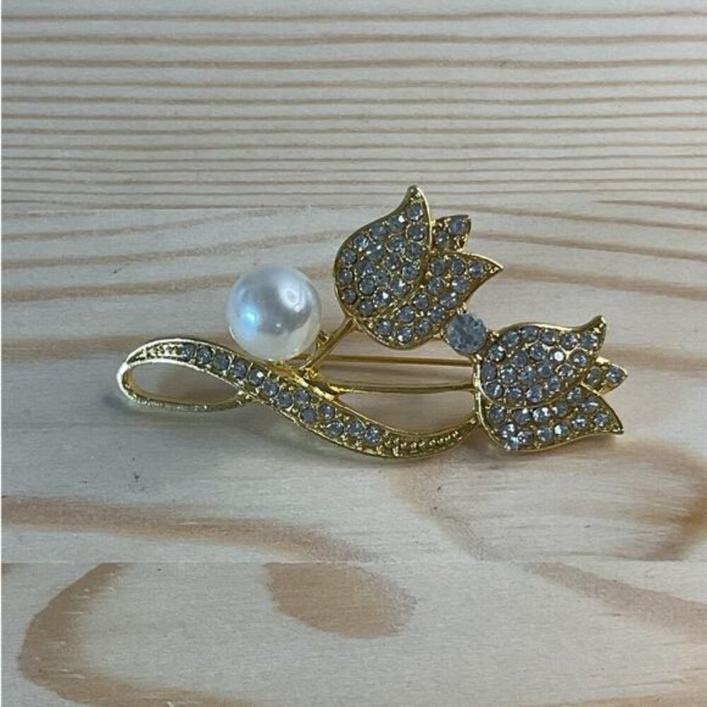 Gold-Tone Crystal Tulip Brooch With Pearl Accent